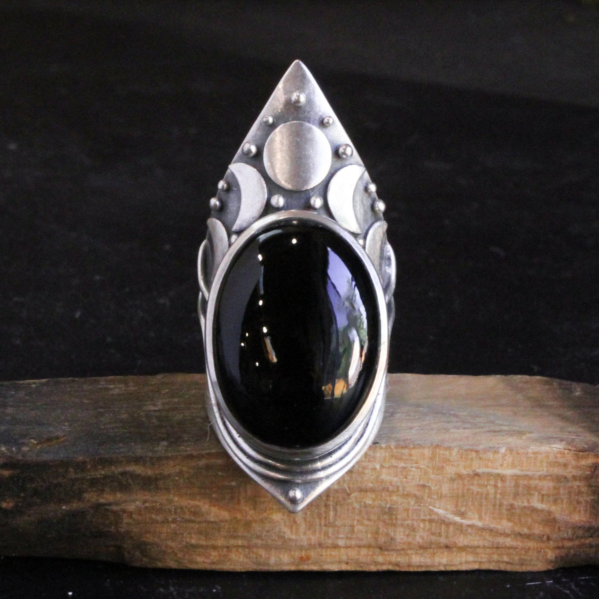 Moon Phase Shield Ring | Black Onyx - Acid Queen Jewelry