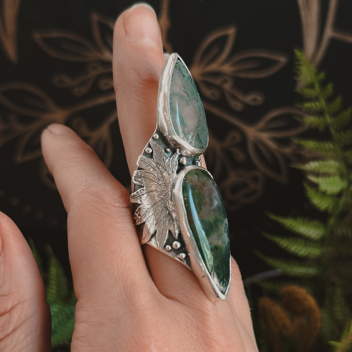 Sweet Leaf Shield Ring // Moss Agate - Size 8.5 - Acid Queen Jewelry