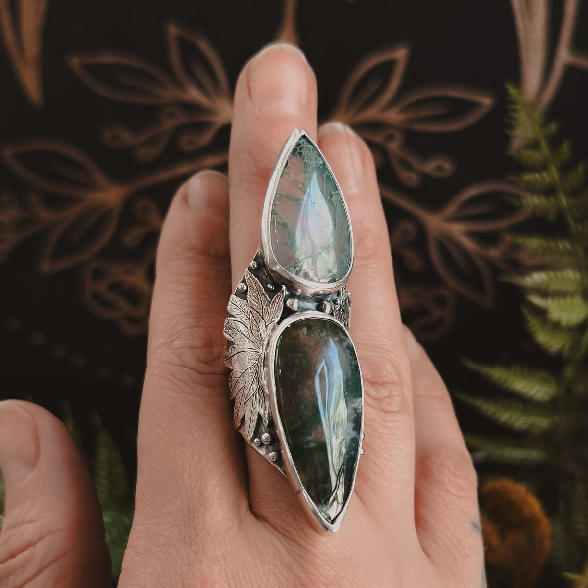 Sweet Leaf Shield Ring // Moss Agate - Size 8.5 - Acid Queen Jewelry