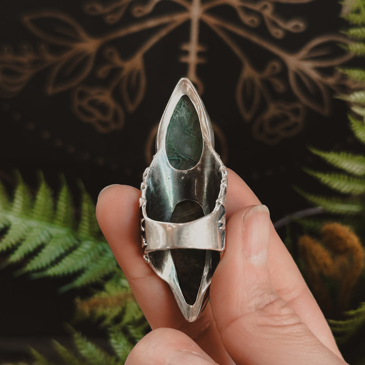 Sweet Leaf Shield Ring // Moss Agate - Size 8.5 - Acid Queen Jewelry
