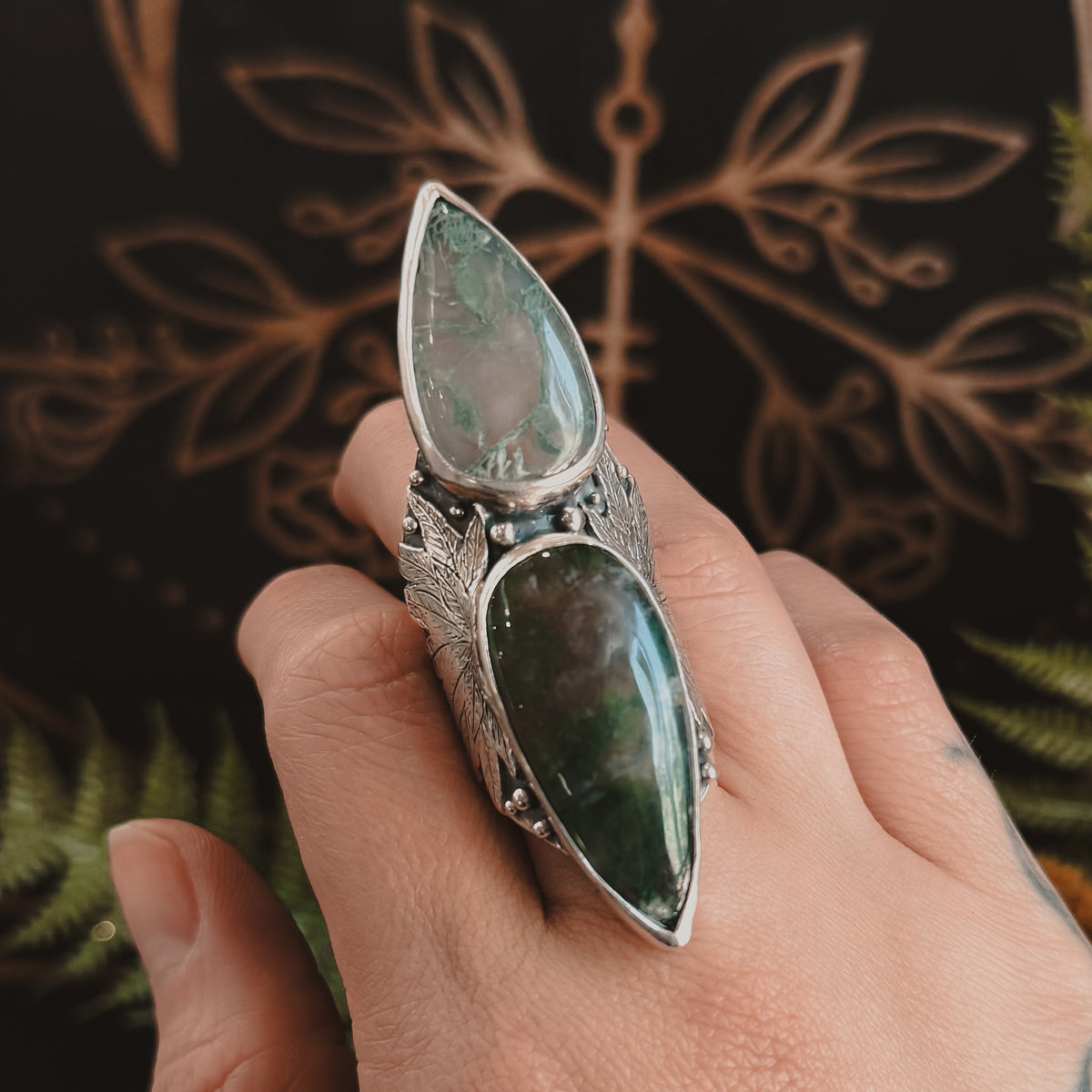 Sweet Leaf Shield Ring // Moss Agate - Size 8.5 - Acid Queen Jewelry