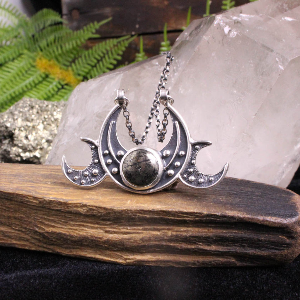 Triple Moon Goddess Necklace // pyrite - Acid Queen Jewelry