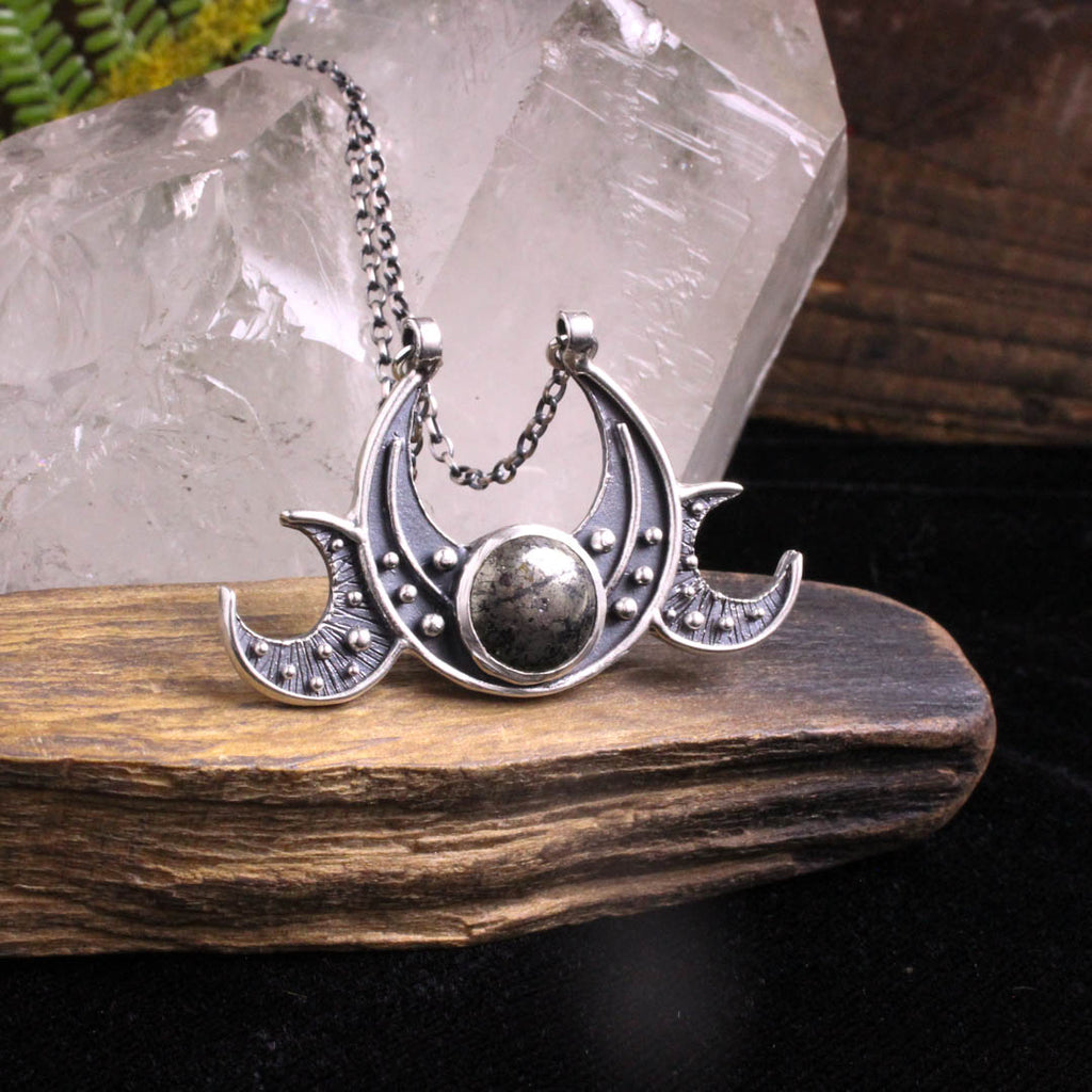 Triple Moon Goddess Necklace // pyrite - Acid Queen Jewelry