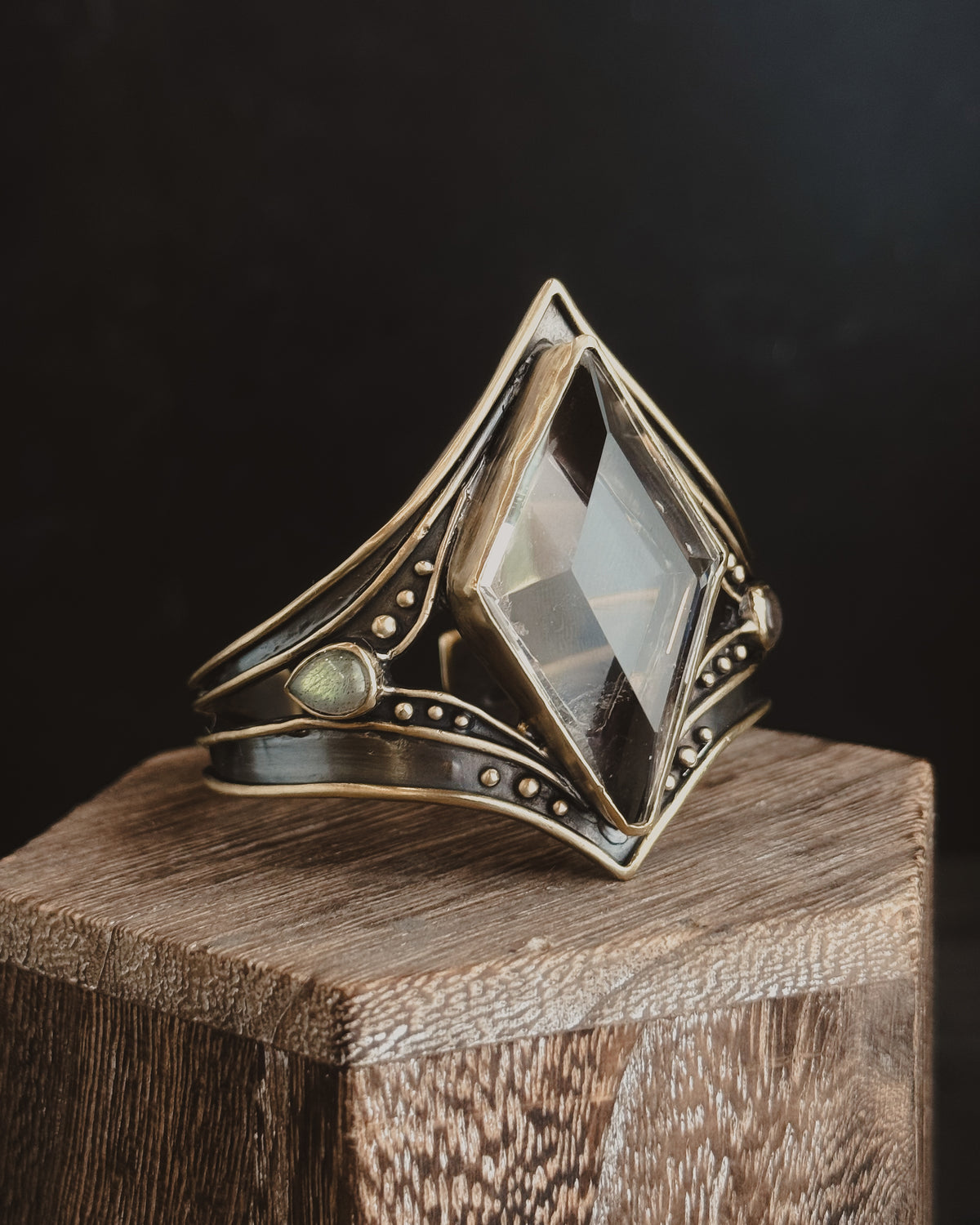 Double Visions Cuff (one) | Brass with Labradorite + Faceted Smoky Quartz