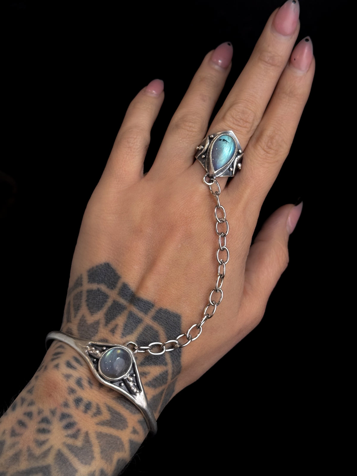 High Priestess Ring + Bracelet Harness | Labradorite + Sterling Silver - Ring Size 7