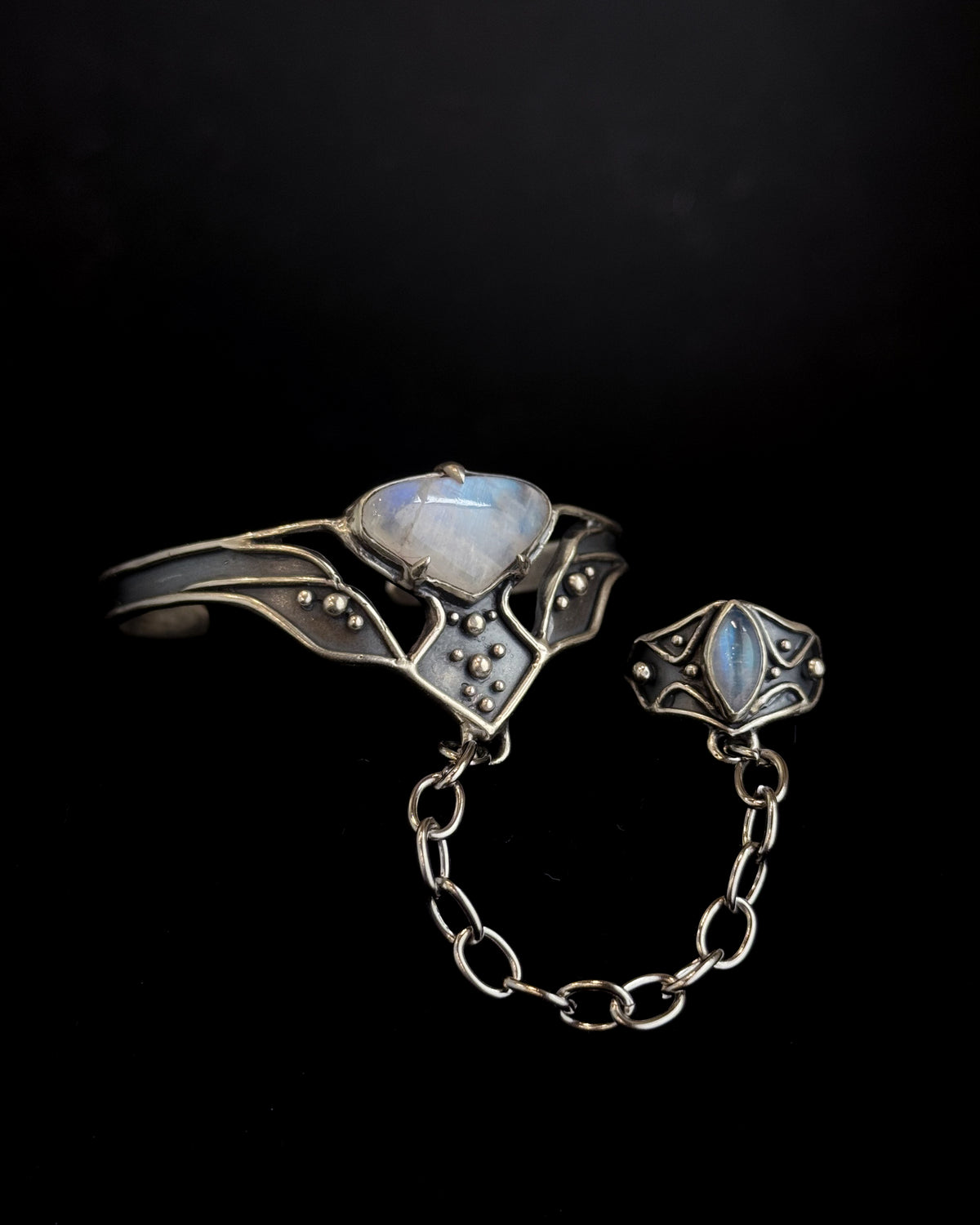 High Priestess Ring + Bracelet Harness | Rainbow Moonstone + Sterling Silver - Size 8