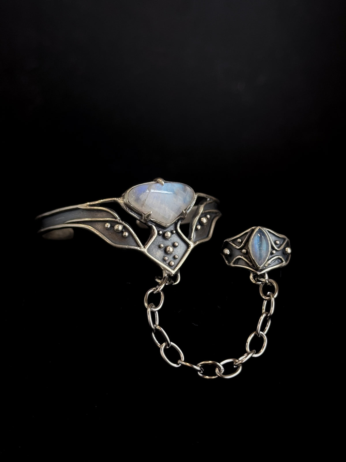 High Priestess Ring + Bracelet Harness | Rainbow Moonstone + Sterling Silver - Size 8