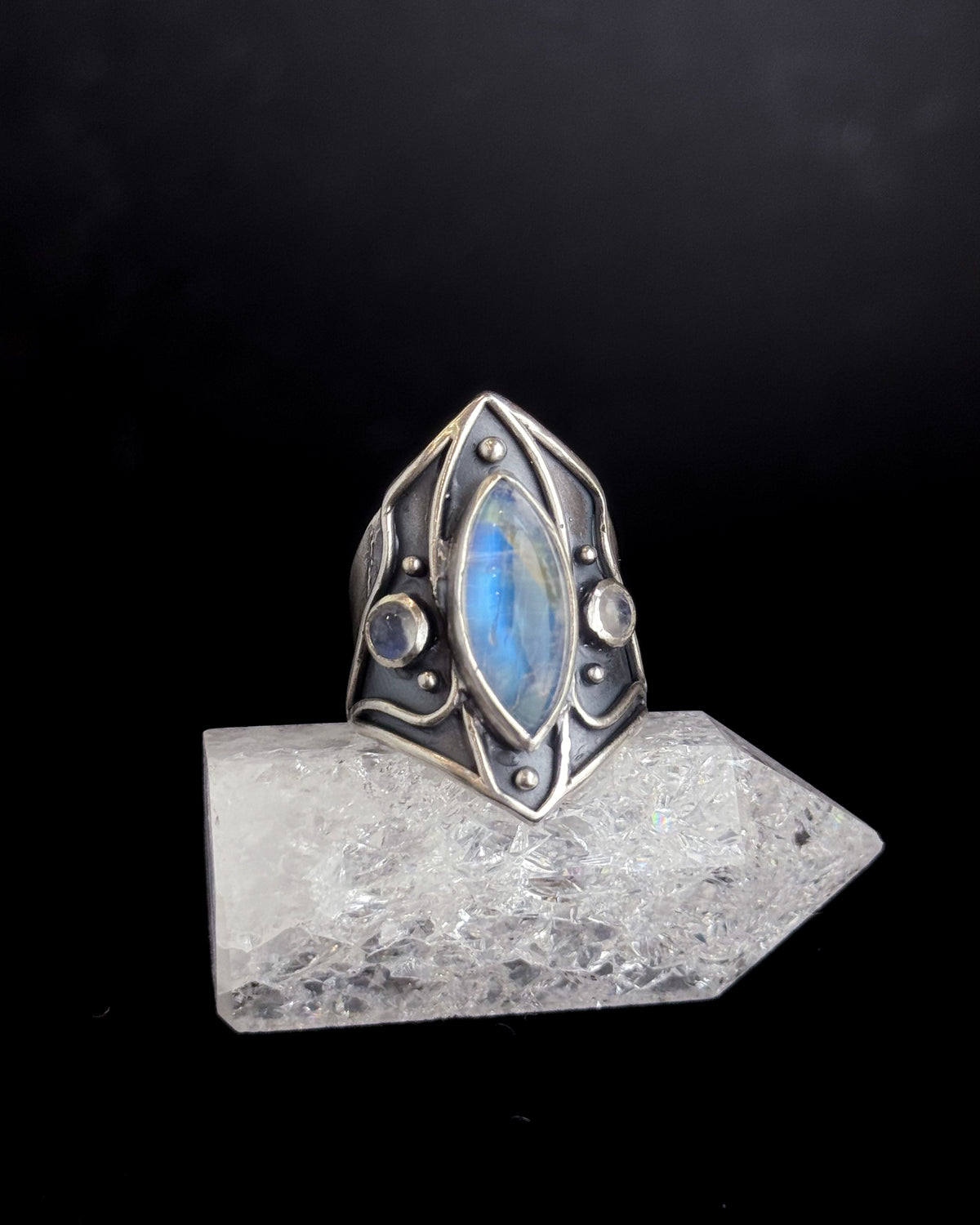 Divine Trio Ring | Rainbow Moonstone + Sterling Silver - Size 8.5