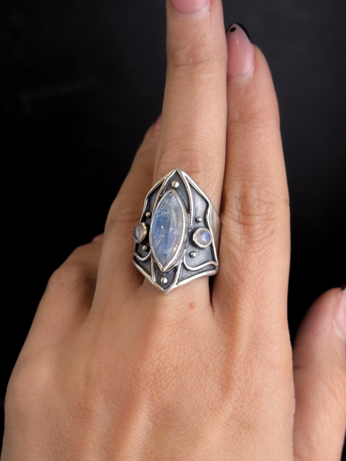 Divine Trio Ring | Rainbow Moonstone + Sterling Silver - Size 8.5