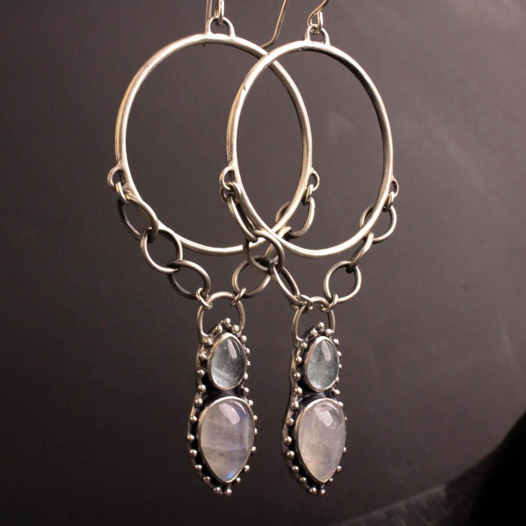 Morgana Hoop Earrings // Aquamarine + Rainbow Moonstone - Acid Queen Jewelry