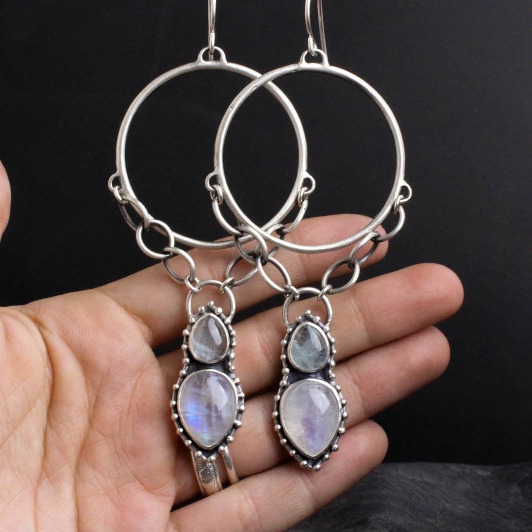 Morgana Hoop Earrings // Aquamarine + Rainbow Moonstone - Acid Queen Jewelry