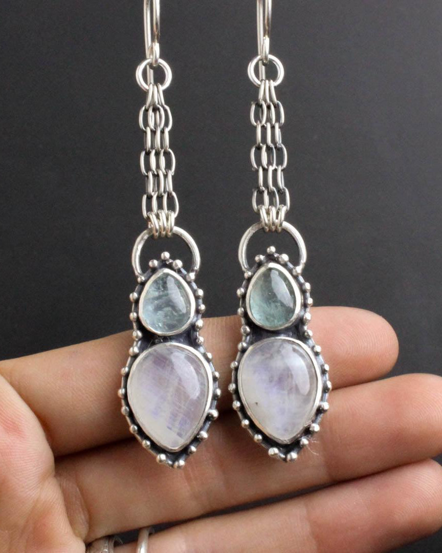 Morgana Dangle Earrings // Aquamarine + Rainbow Moonstone - Acid Queen Jewelry