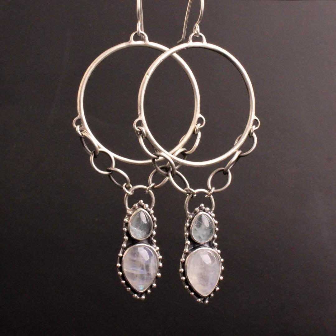 Morgana Hoop Earrings // Aquamarine + Rainbow Moonstone - Acid Queen Jewelry