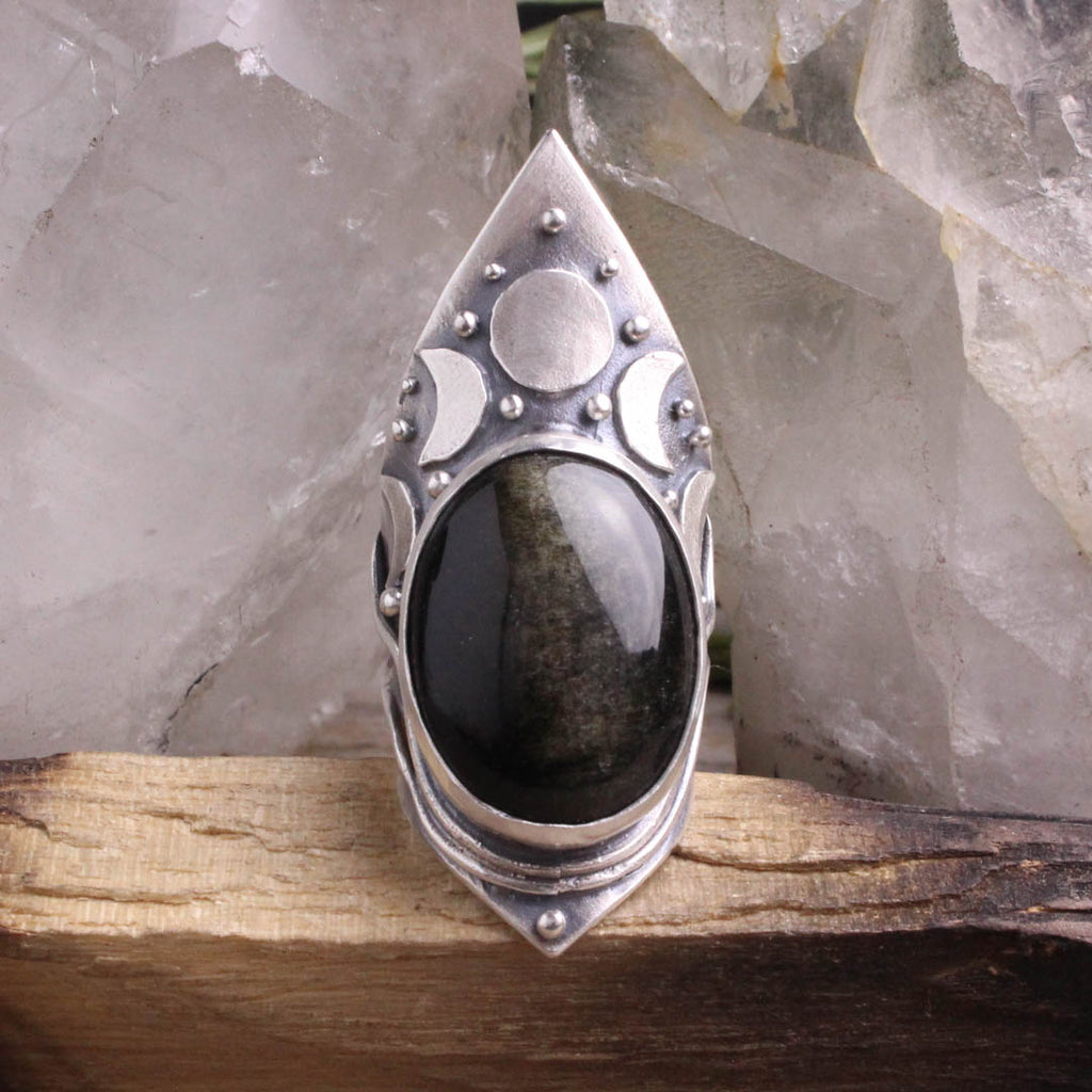 Moon Phase Shield Ring // Black Obsidian Sheen - Acid Queen Jewelry