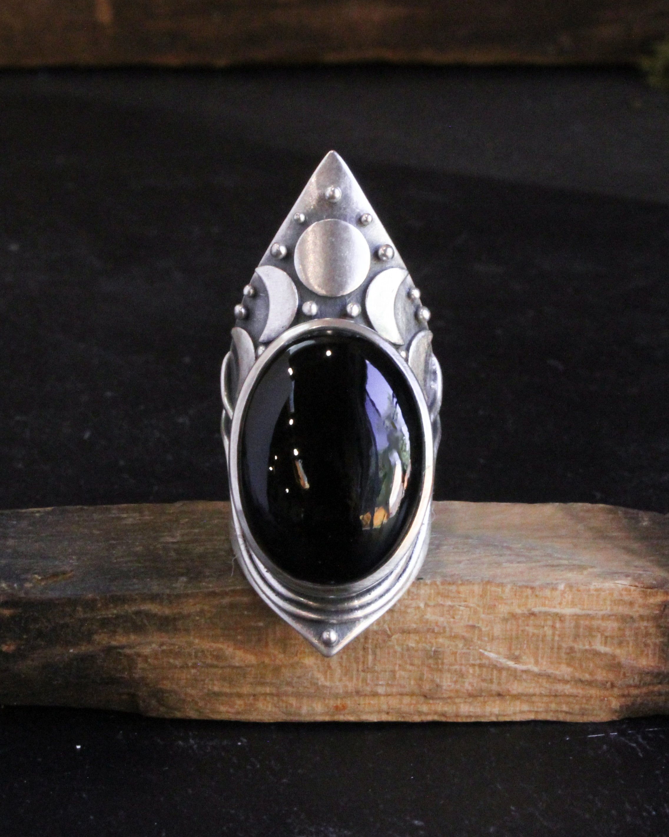 Moon Phase Shield Ring | Black Onyx - Acid Queen Jewelry