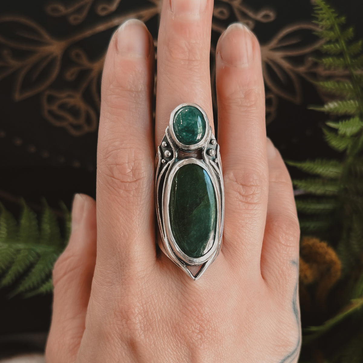 Garden Fae Shield Ring // Jade & Emerald - Size 9 - Acid Queen Jewelry