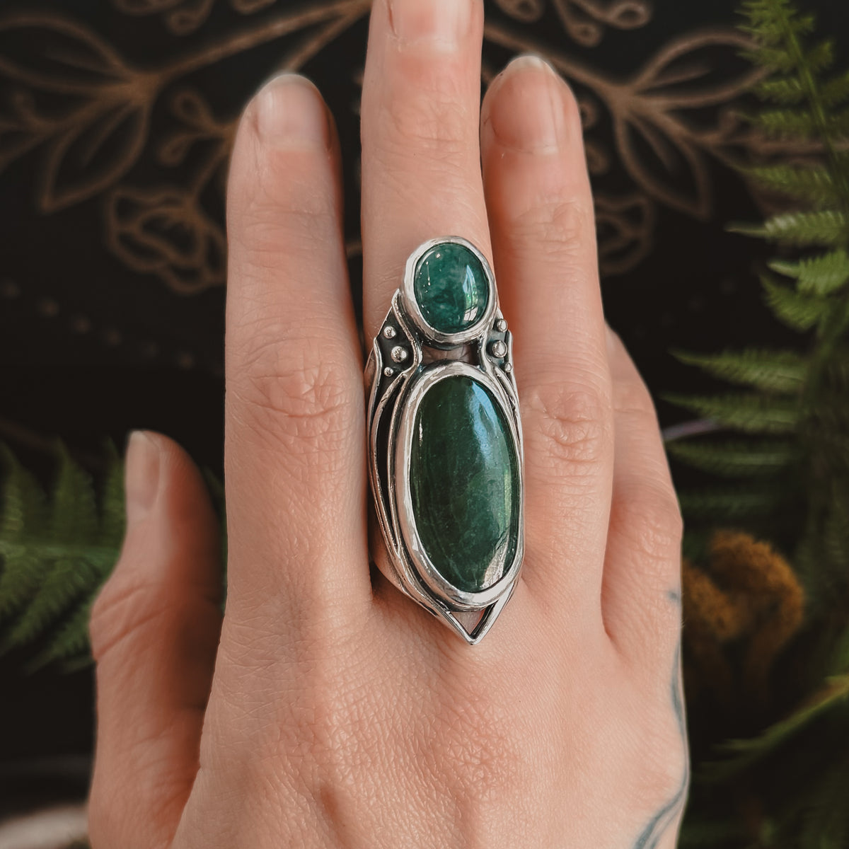 Garden Fae Shield Ring // Jade & Emerald - Size 9 - Acid Queen Jewelry