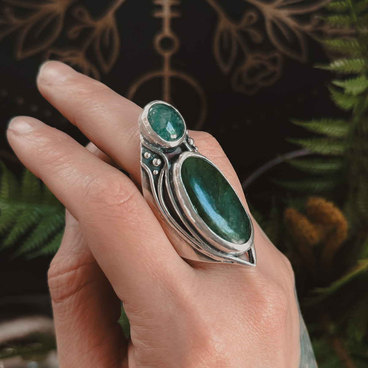 Garden Fae Shield Ring // Jade & Emerald - Size 9 - Acid Queen Jewelry