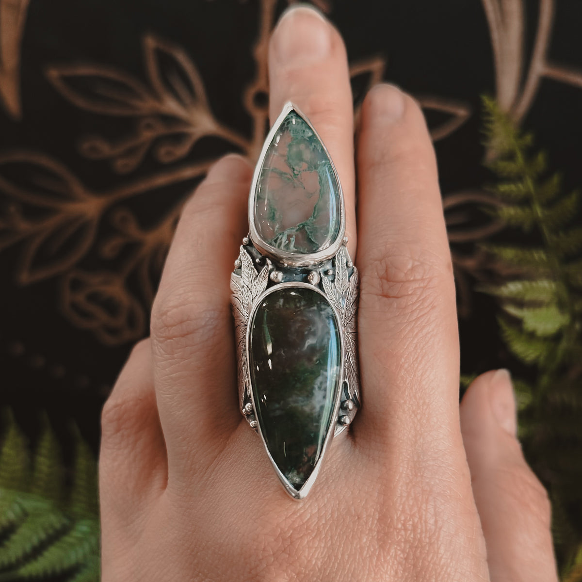 Sweet Leaf Shield Ring // Moss Agate - Size 8.5 - Acid Queen Jewelry