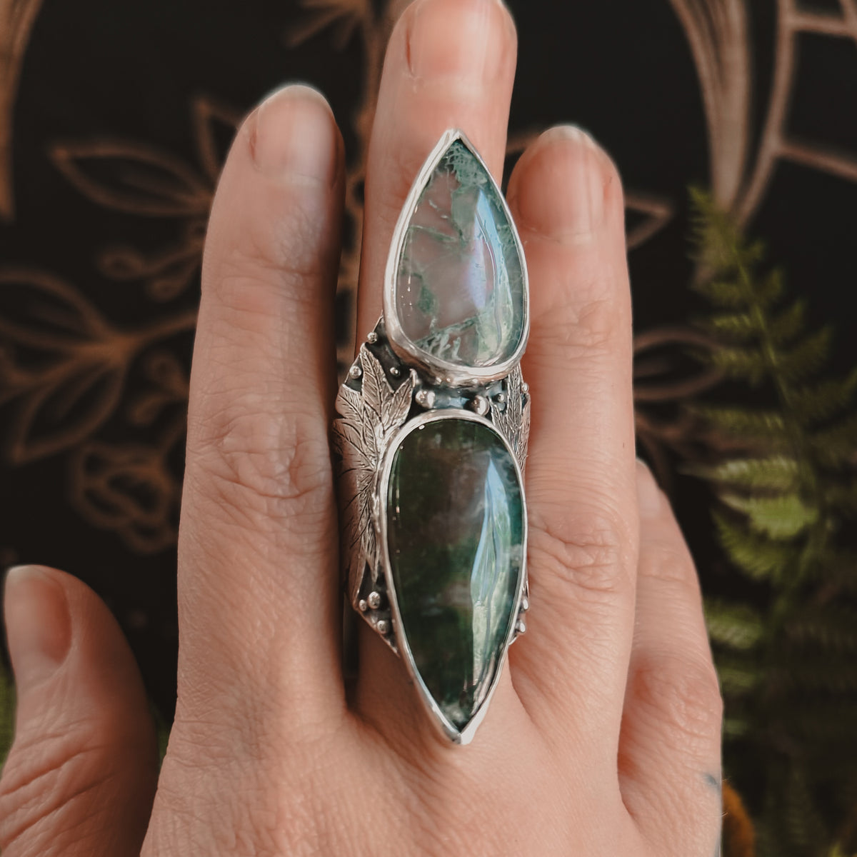 Sweet Leaf Shield Ring // Moss Agate - Size 8.5 - Acid Queen Jewelry