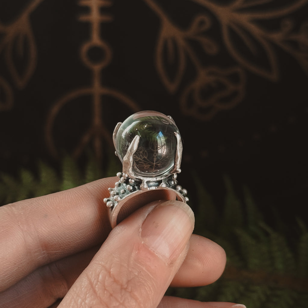 Sorceress Divination Ring // Silver and Quartz Crystal Ball - Acid Queen Jewelry