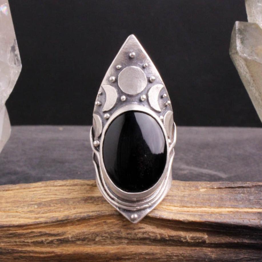 Moon Phase Shield Ring // Black Onyx - Acid Queen Jewelry