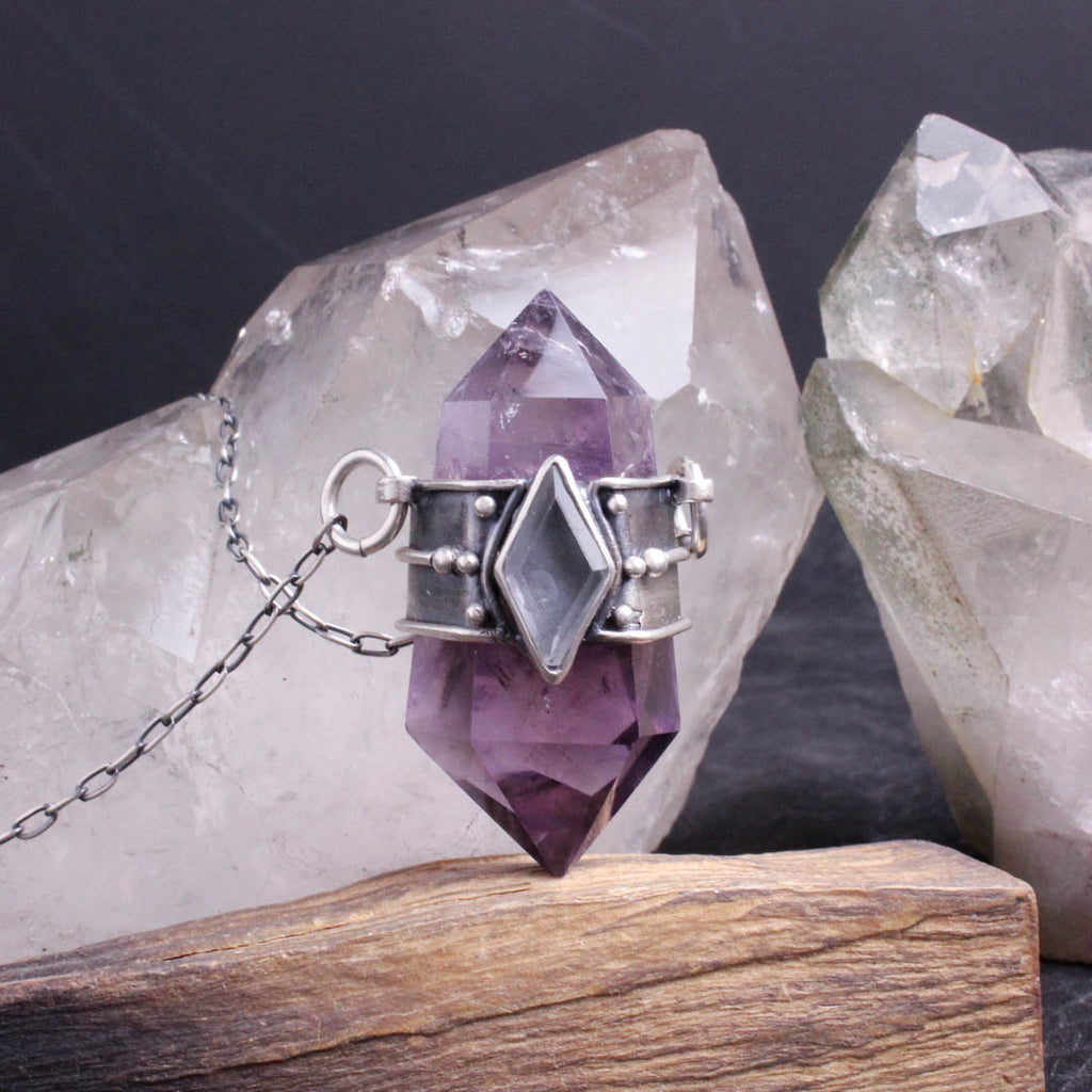 Crystal Drop Necklace - Amethyst + Quartz - Acid Queen Jewelry