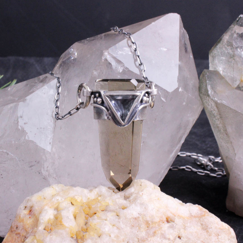 Crystal Drop Necklace - Smoky Quartz + Quartz - Acid Queen Jewelry