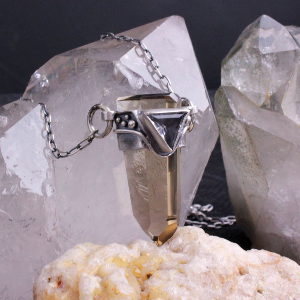 Crystal Drop Necklace - Smoky Quartz + Quartz - Acid Queen Jewelry