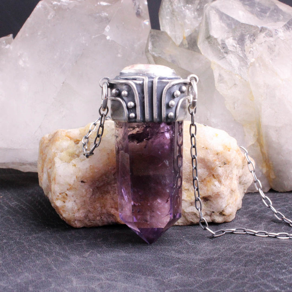 Crystal Drop Necklace- Amethyst + Mexican Fire Opal - Acid Queen Jewelry