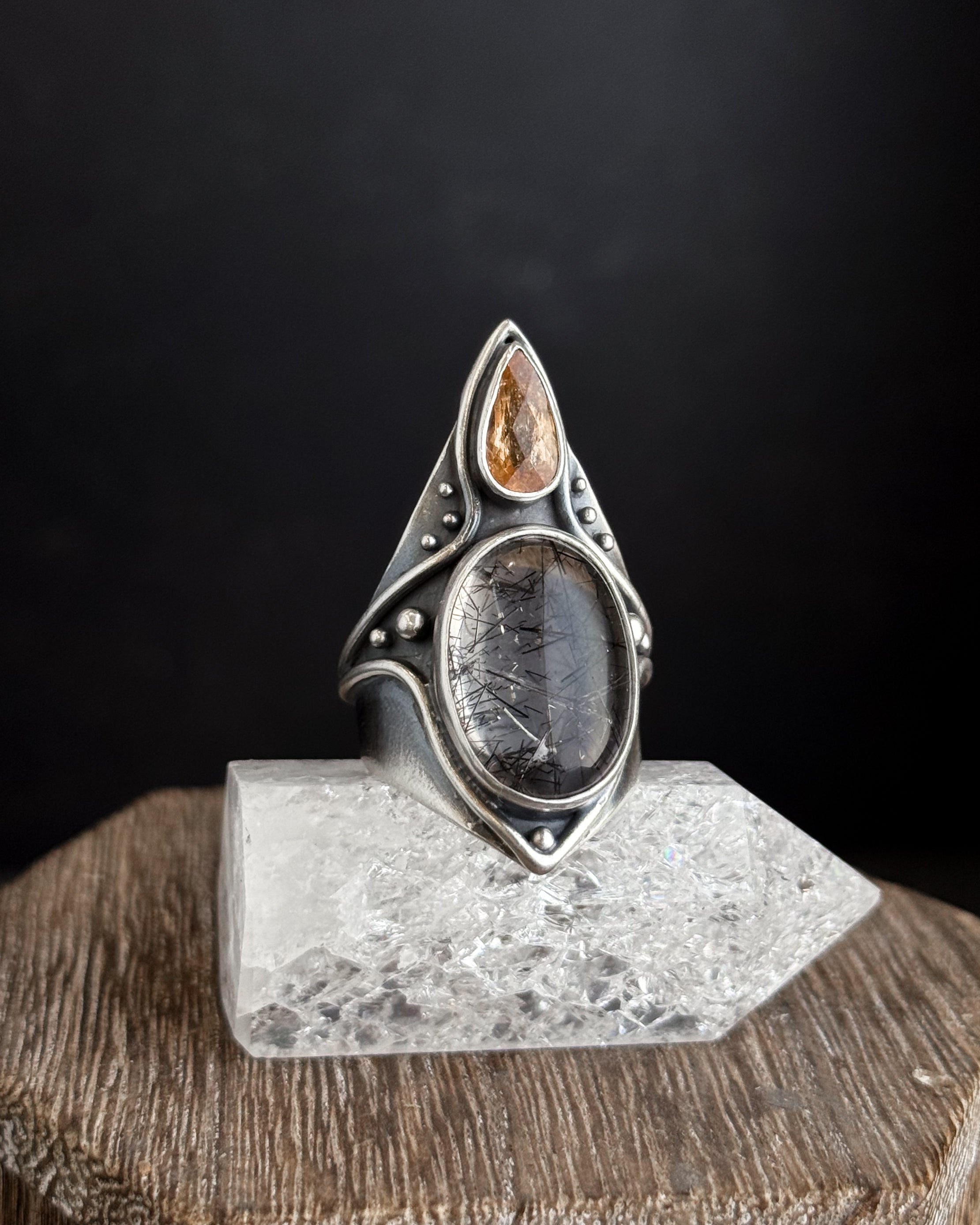 Solar Protection Ring // Citrine + Tourmalated Quartz - Size 10 - Acid Queen Jewelry