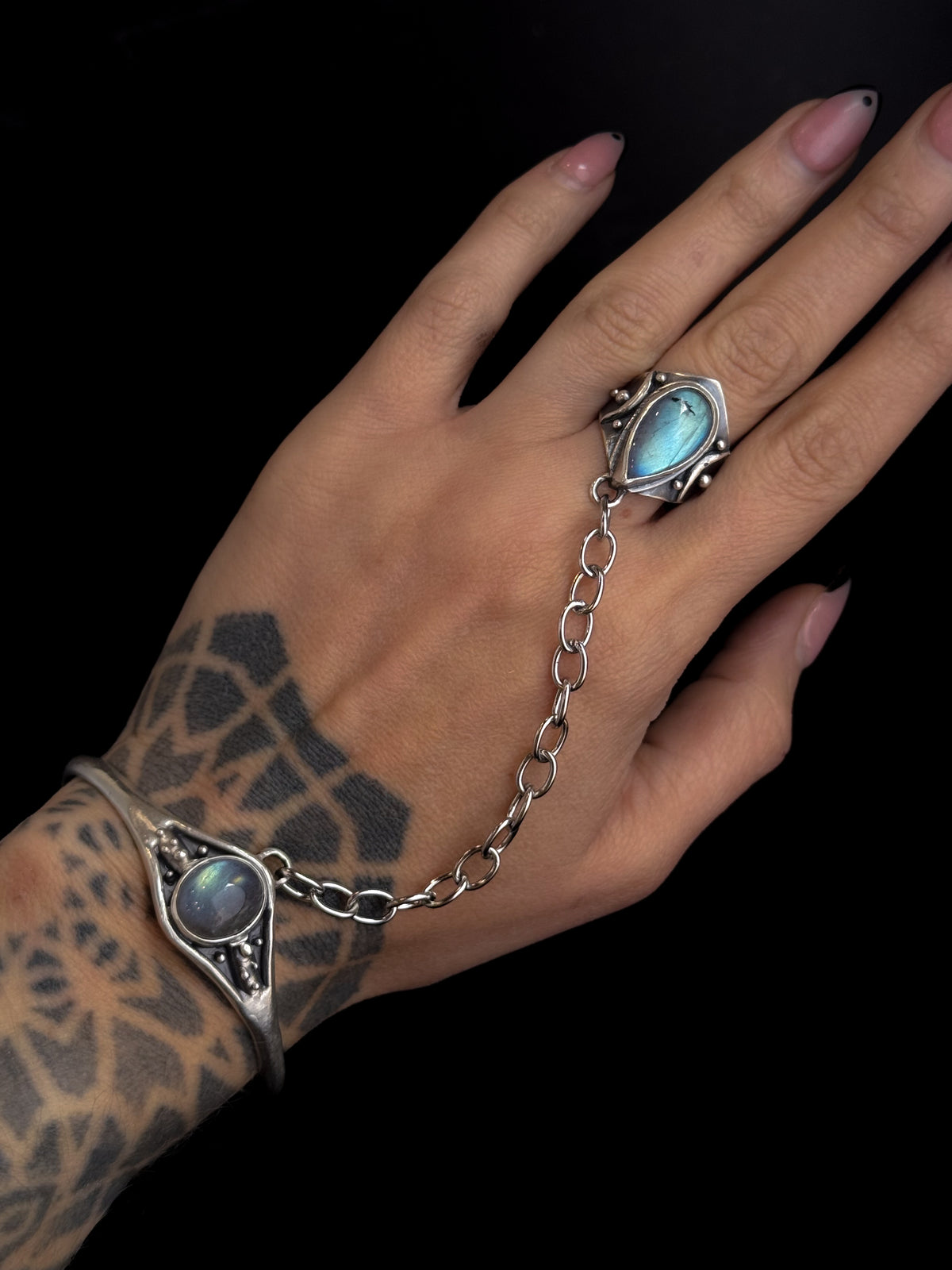 High Priestess Ring + Bracelet Harness | Labradorite + Sterling Silver - Ring Size 7