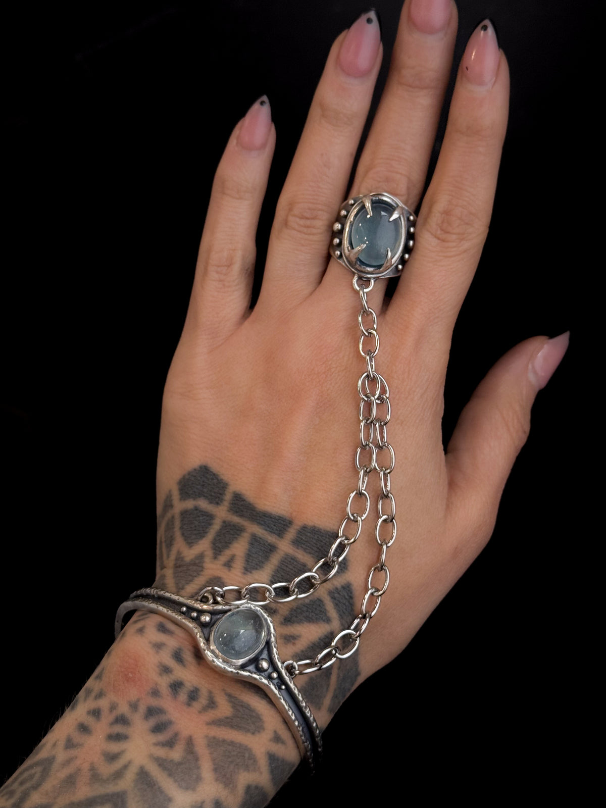 High Priestess Ring + Bracelet Harness | Aquamarine + Sterling Silver - Size 9.5