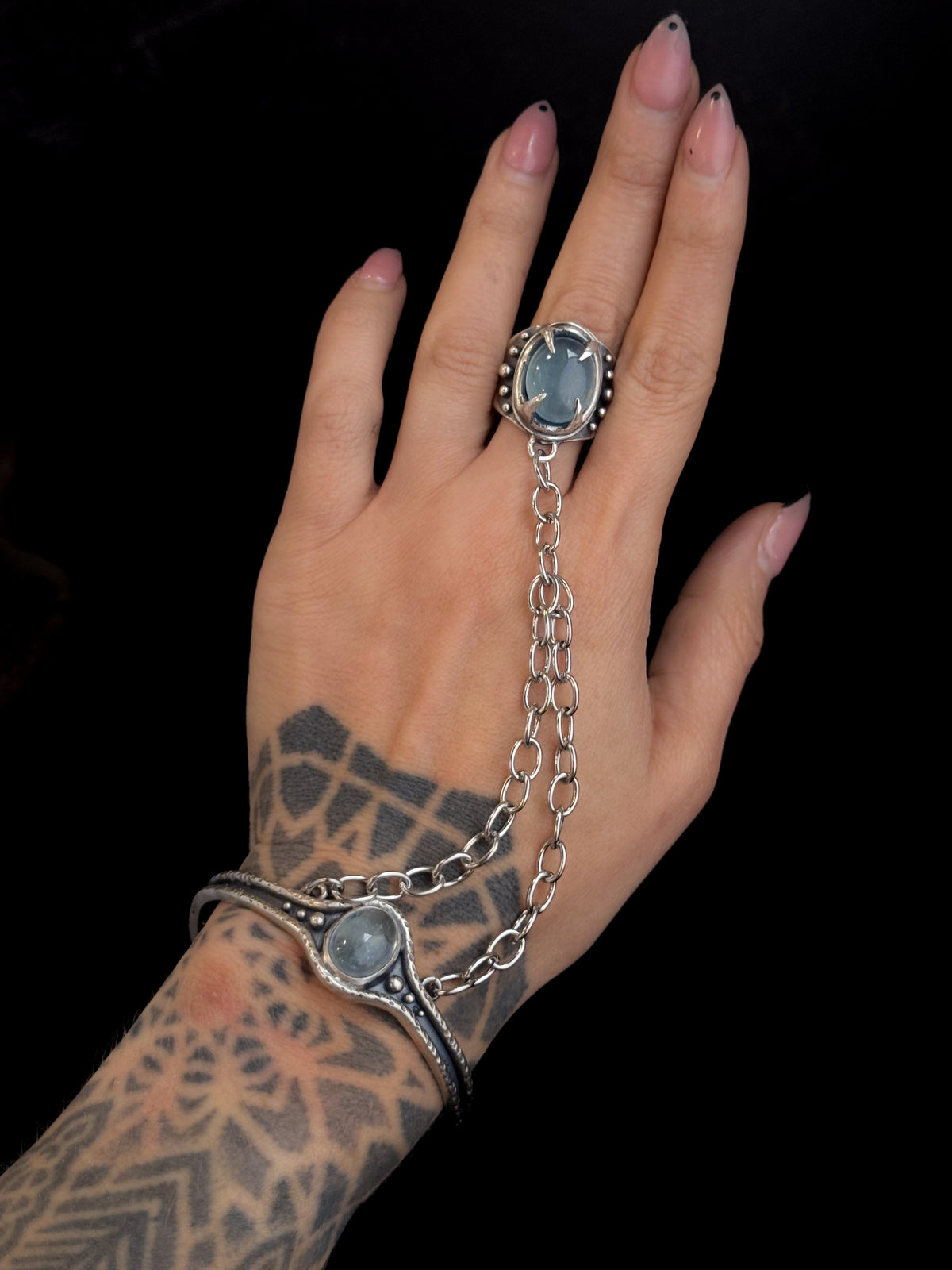 High Priestess Ring + Bracelet Harness | Aquamarine + Sterling Silver - Size 9.5