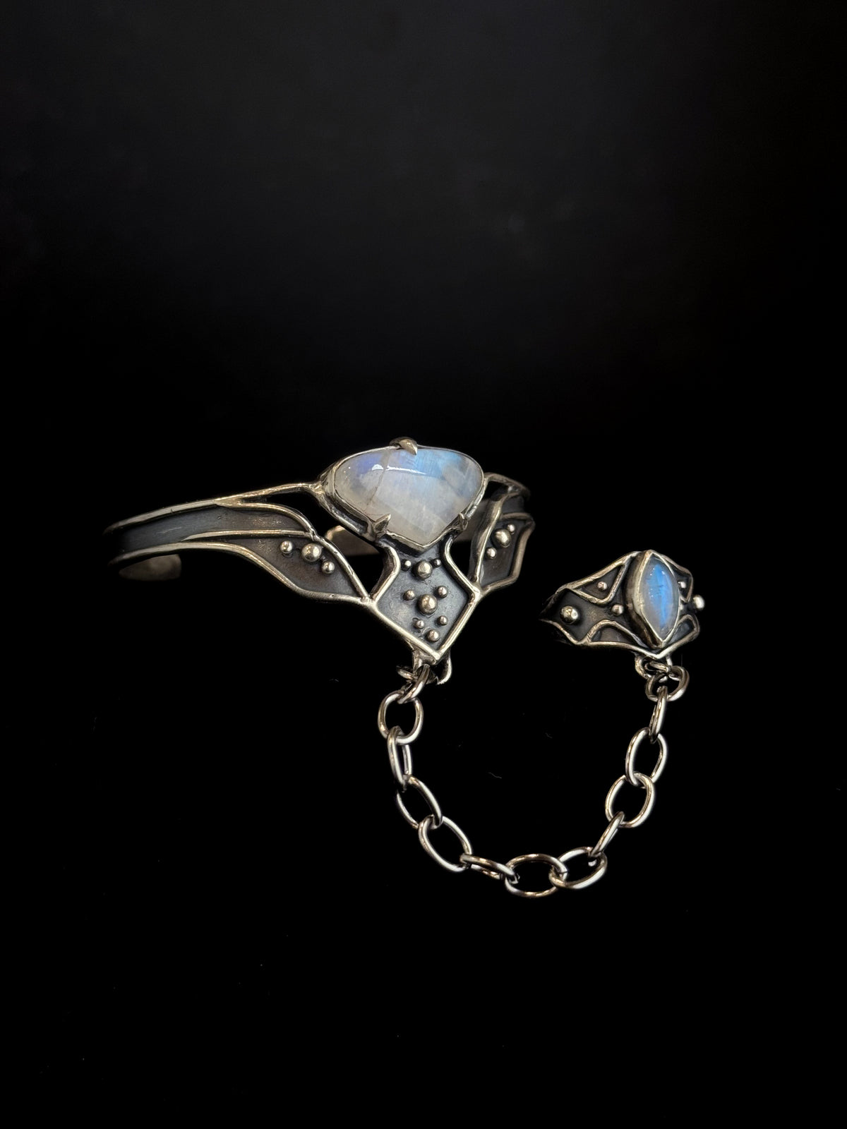 High Priestess Ring + Bracelet Harness | Rainbow Moonstone + Sterling Silver - Size 8