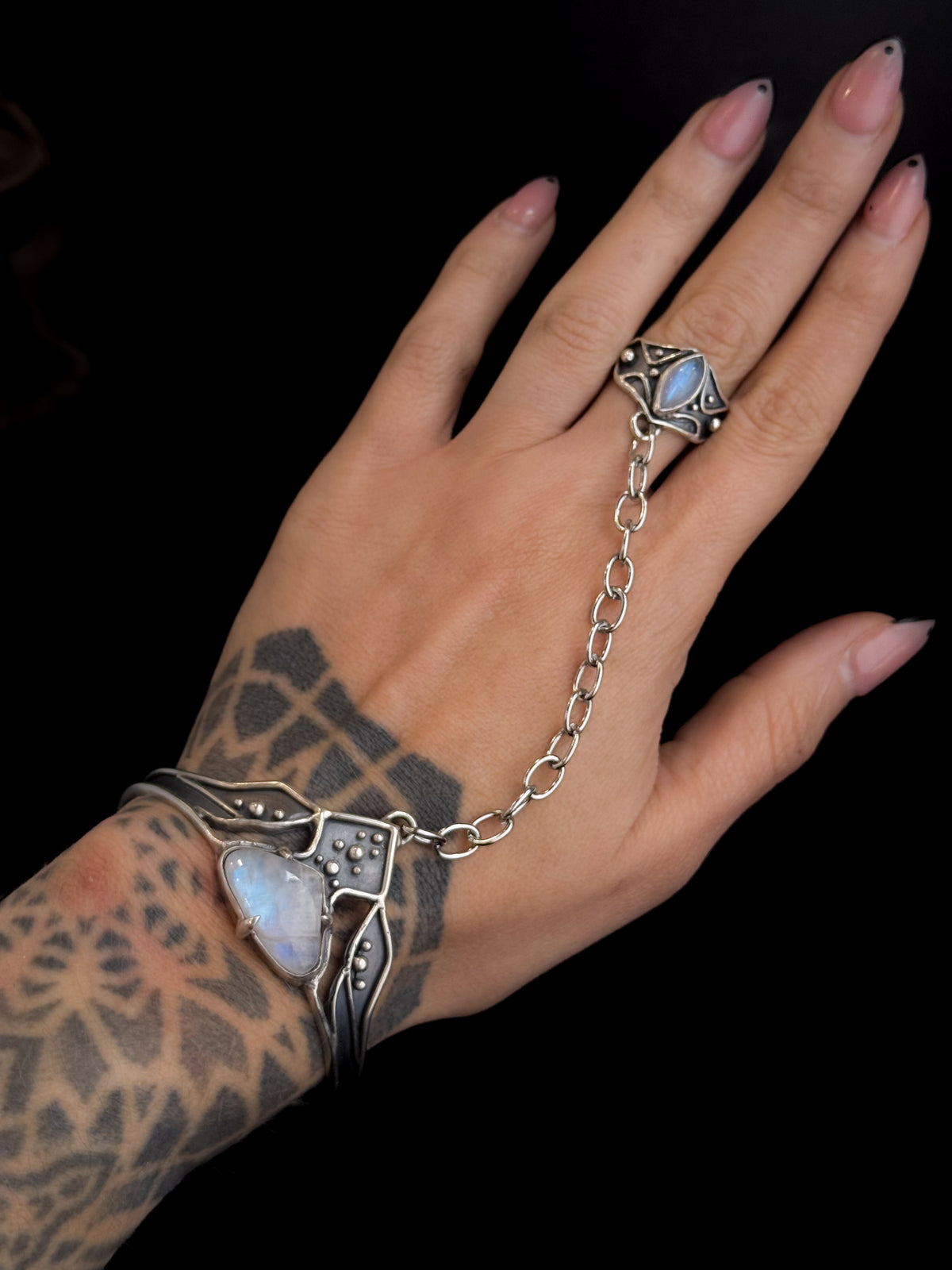 High Priestess Ring + Bracelet Harness | Rainbow Moonstone + Sterling Silver - Size 8