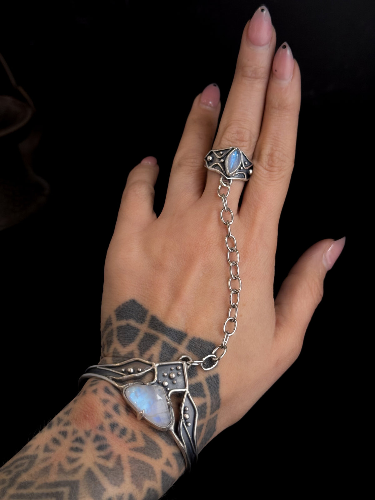 High Priestess Ring + Bracelet Harness | Rainbow Moonstone + Sterling Silver - Size 8