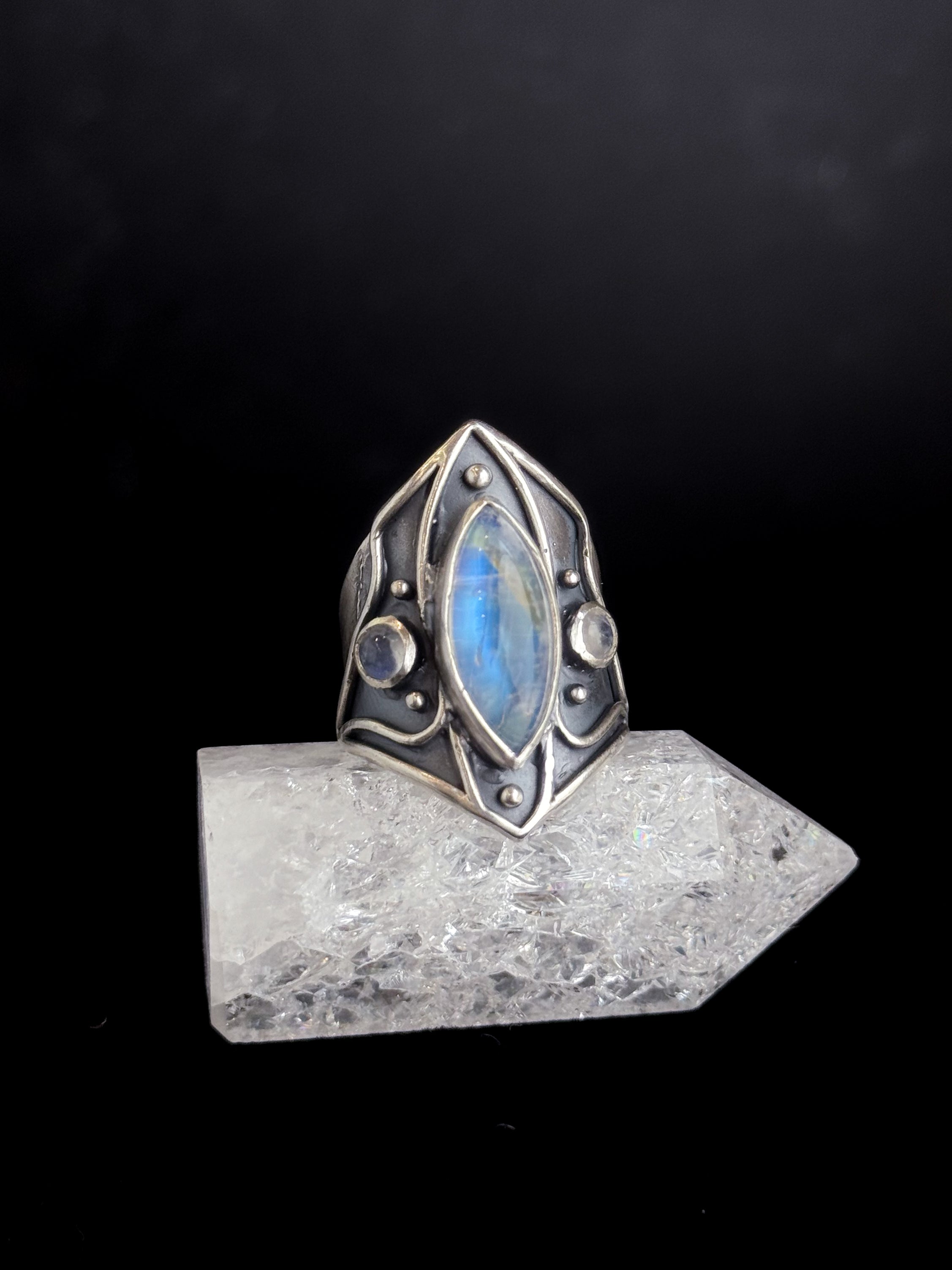 Divine Trio Ring | Rainbow Moonstone + Sterling Silver - Size 8.5