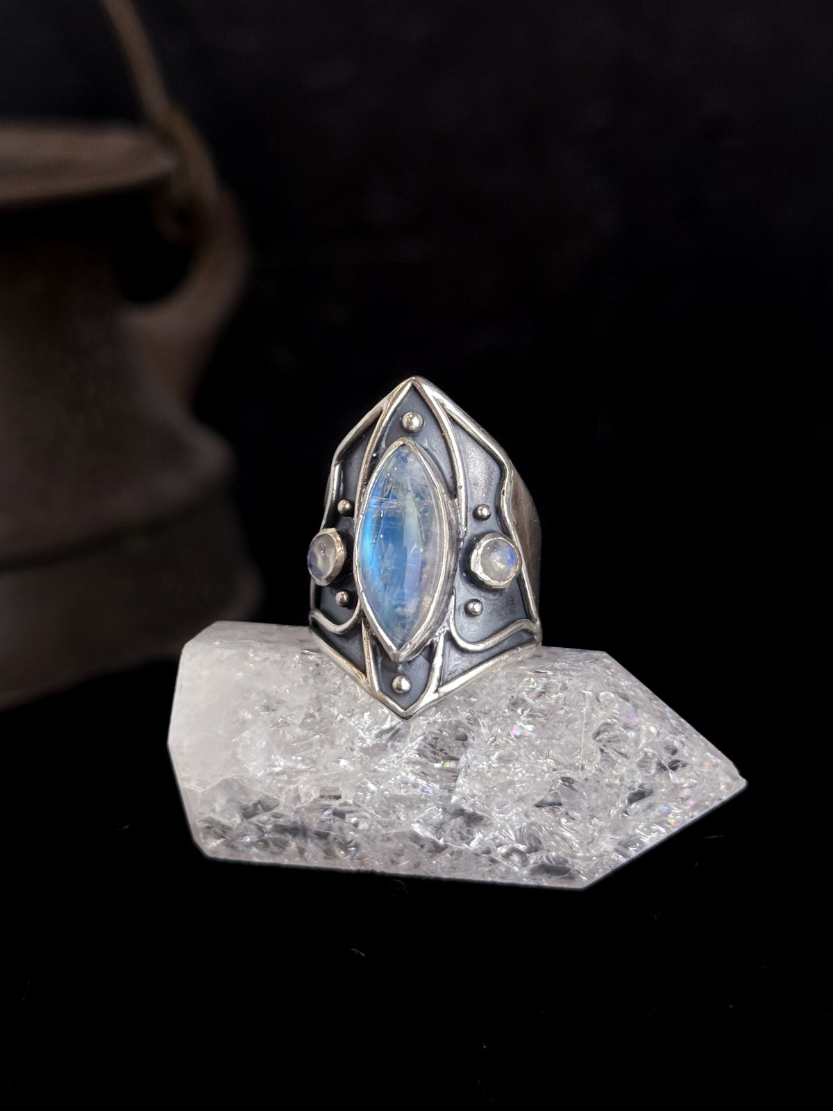 Divine Trio Ring | Rainbow Moonstone + Sterling Silver - Size 8.5
