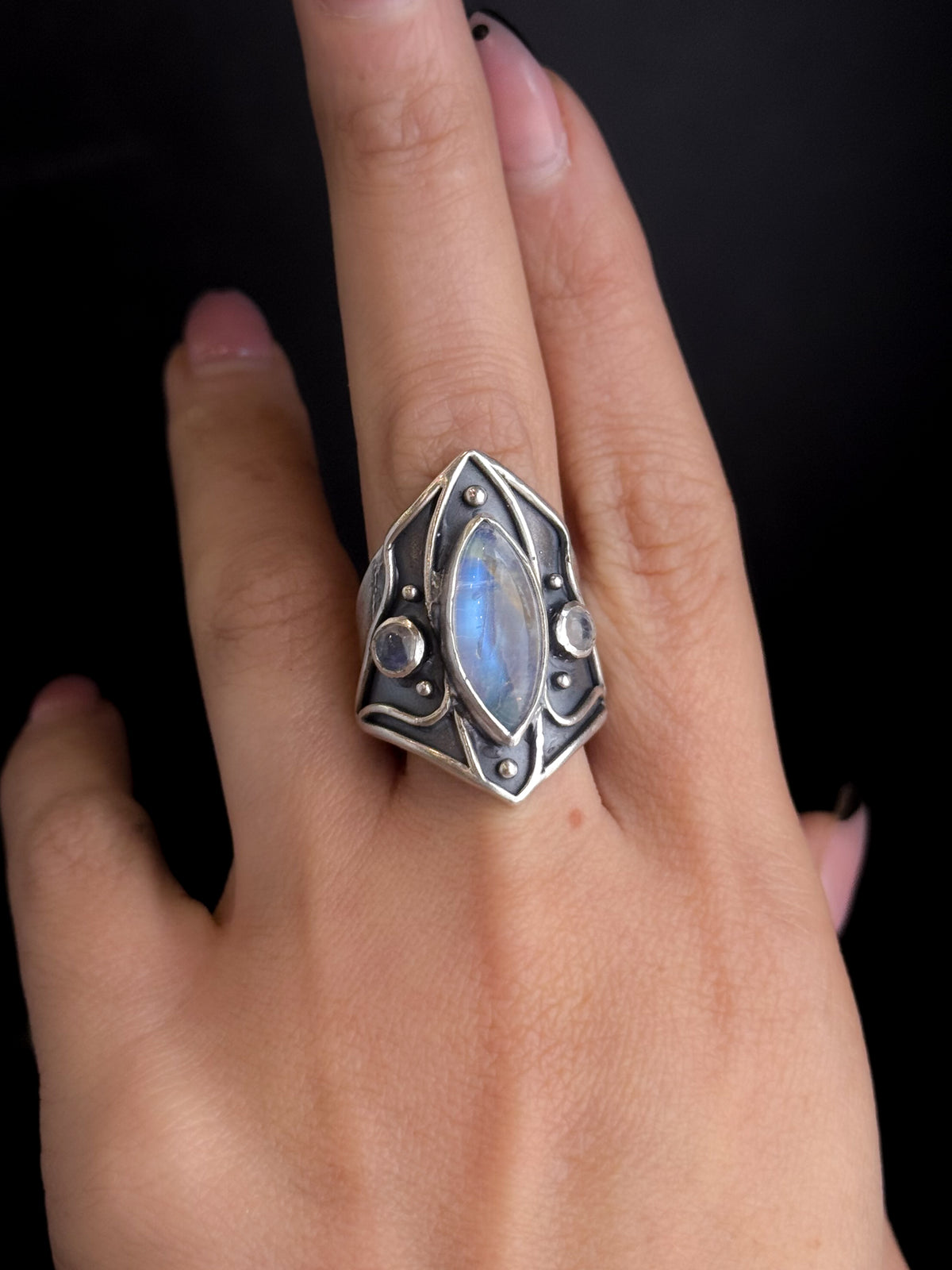 Divine Trio Ring | Rainbow Moonstone + Sterling Silver - Size 8.5