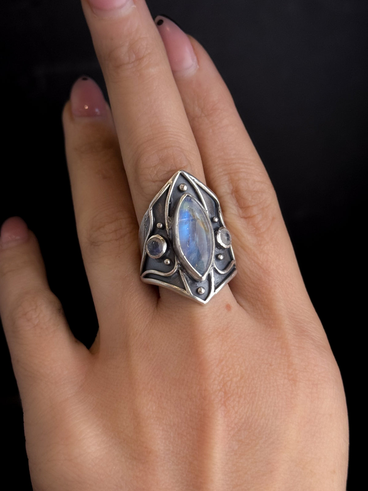 Divine Trio Ring | Rainbow Moonstone + Sterling Silver - Size 8.5