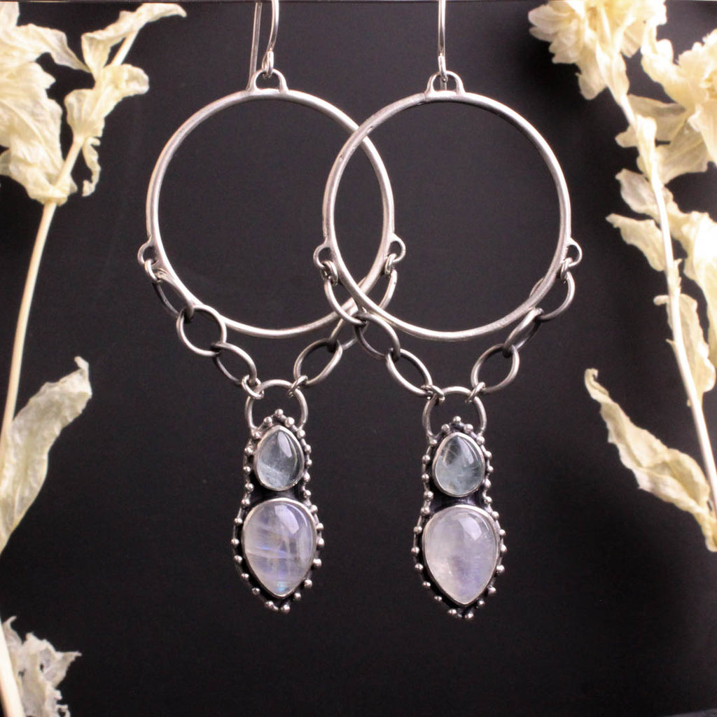 Morgana Hoop Earrings // Aquamarine + Rainbow Moonstone - Acid Queen Jewelry