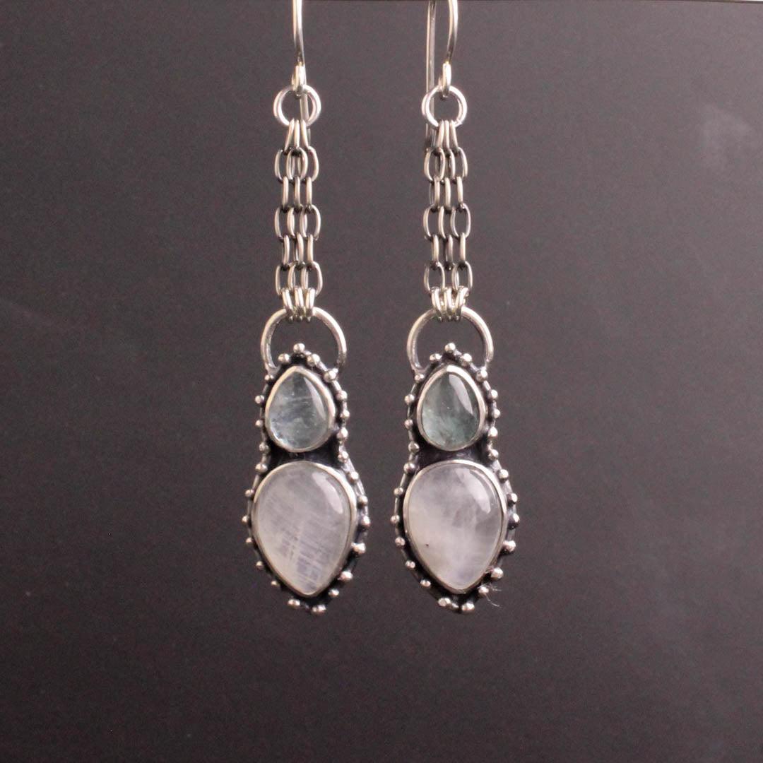 Morgana Dangle Earrings // Aquamarine + Rainbow Moonstone - Acid Queen Jewelry