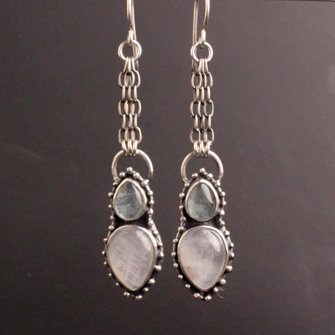 Morgana Dangle Earrings // Aquamarine + Rainbow Moonstone - Acid Queen Jewelry