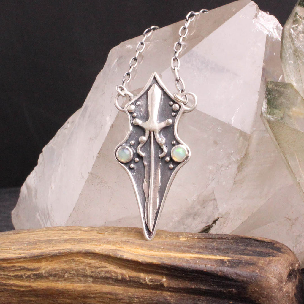 Sword Shield Necklace // Ethiopian Opal - Acid Queen Jewelry