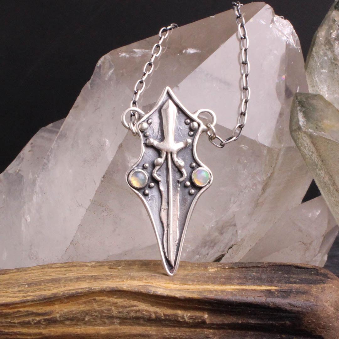 Sword Shield Necklace // Ethiopian Opal - Acid Queen Jewelry