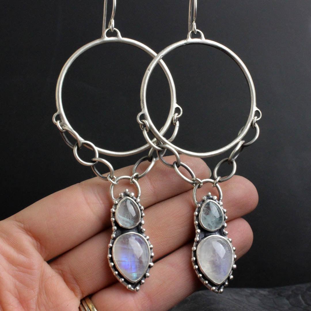 Morgana Hoop Earrings // Aquamarine + Rainbow Moonstone - Acid Queen Jewelry