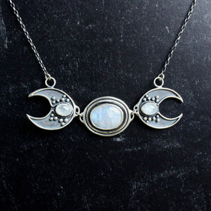 Triple Goddess Link Necklace // Triple Rainbow Moonstone
