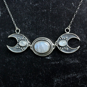 Triple Goddess Link Necklace // Triple Rainbow Moonstone