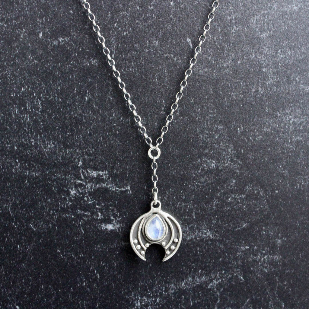 Crescent Moon Lariat Necklace // Rainbow Moonstone - Acid Queen Jewelry